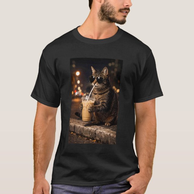 Cute Cat Drinking Iced Coffee Night Scene Long Sle T-Shirt (Front)