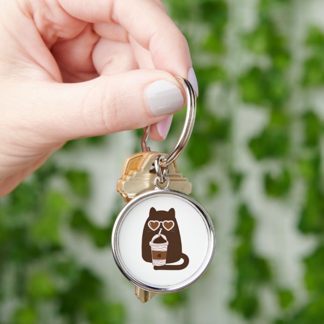 Cute Cat Drinking Iced Coffee Silver Keychain (Hand)