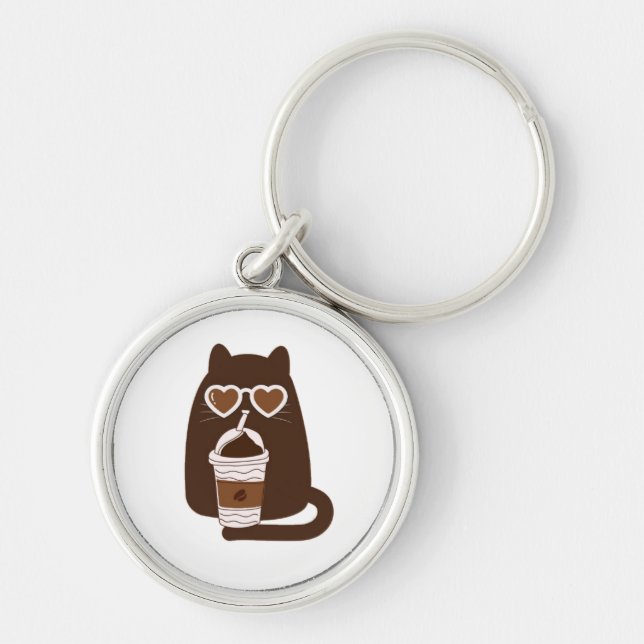 Cute Cat Drinking Iced Coffee Silver Keychain (Front)