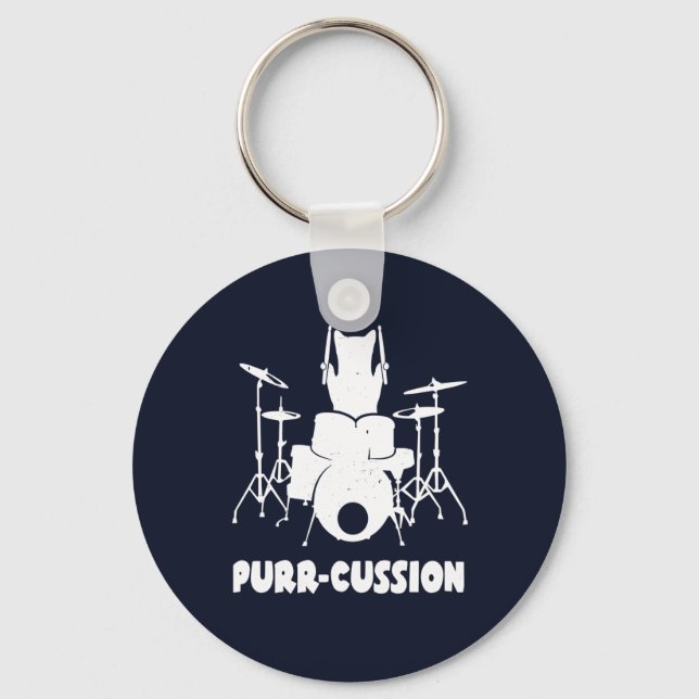 Cute Cat Drummer Purr Cussion Funny Keychain (Front)