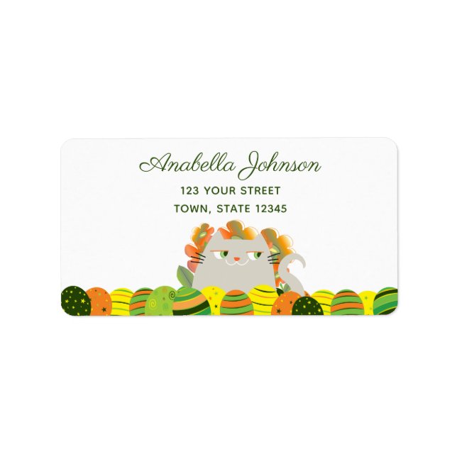Cute Cat Easter Address Label Spring Eggs (Front)