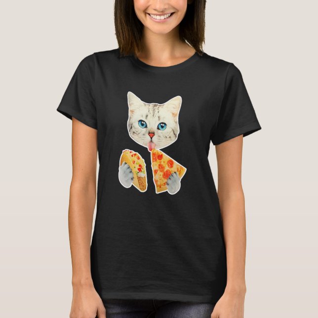 Cute Cat Eat Pizza and Taco T-Shirt (Front)