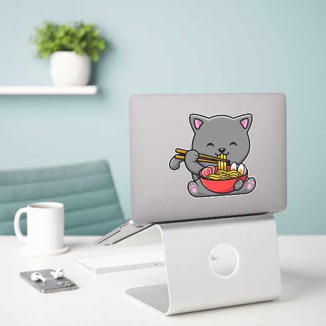 Cute Cat Eat Ramen Sticker (Laptop On Desk)