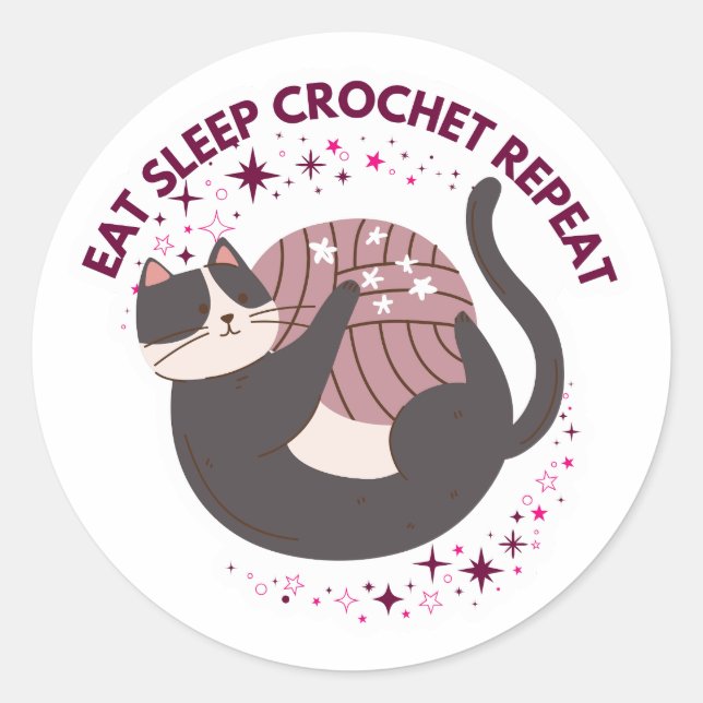 Cute Cat Eat Sleep Crochet Repeat Classic Round Sticker (Front)