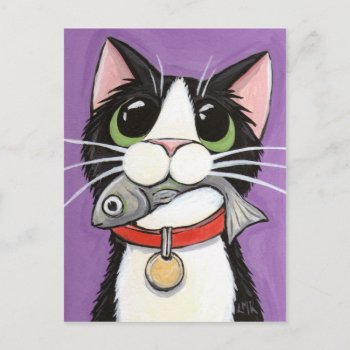 Cute Cat Eating A Fish Postcard by LisaMarieArt at Zazzle
