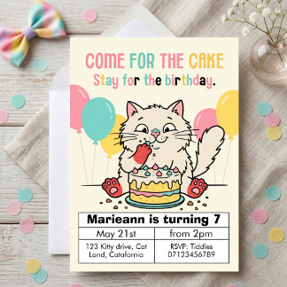 Cute Cat Eating Cake Colorful Pastel Birthday Invitation