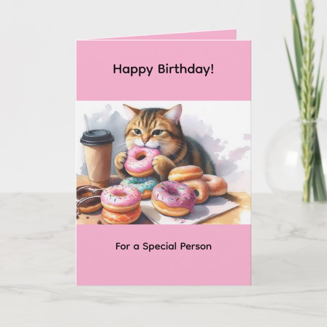 Cute Cat Eating Donuts Birthday Greeting Card Pink (Front)