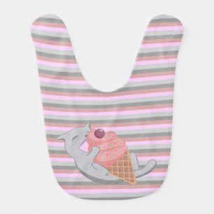 Cute Cat Eating Ice Cream Striped Baby Bib