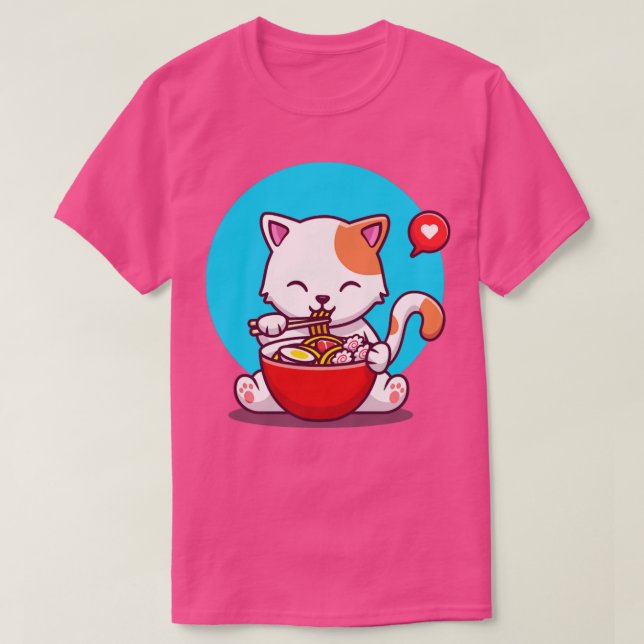 Cute Cat Eating Noodle With Chopstick T-Shirt (Design Front)