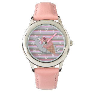 Cute Cat Eating Pink Ice Cream Striped Watch