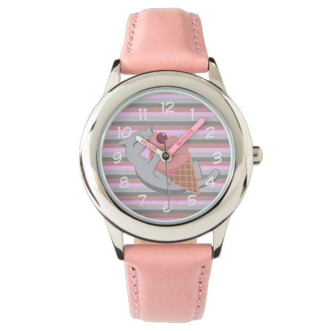 Cute Cat Eating Pink Ice Cream Striped Watch (Front)