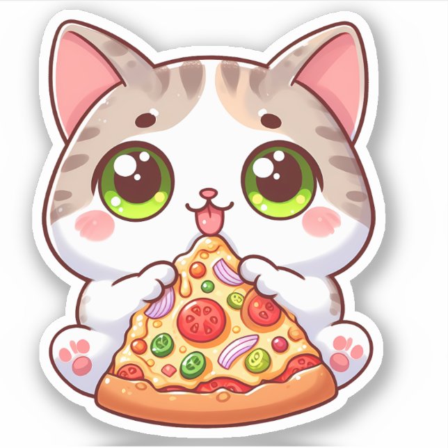 Cute Cat Eating Pizza Custom-Cut Vinyl Stickers (Front)