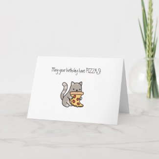 cute cat eating pizza happy birthday funny card