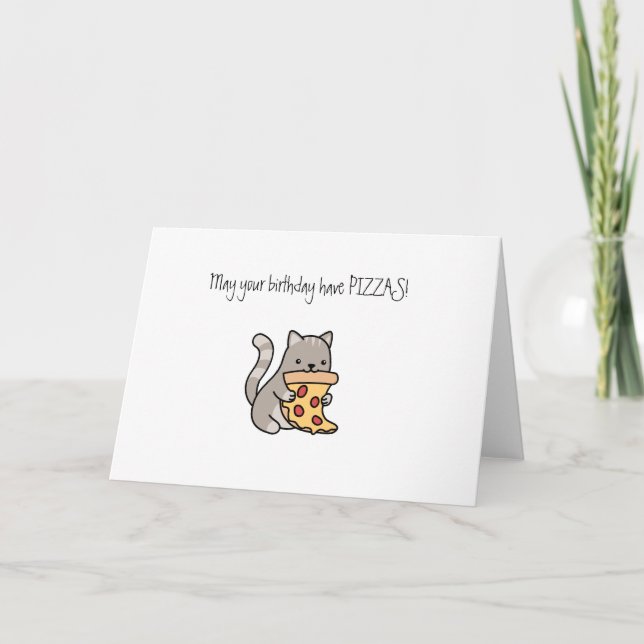 cute cat eating pizza happy birthday funny card (Front)