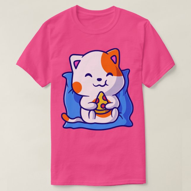 Cute Cat Eating Pizza on Pillow Cartoon T-Shirt (Design Front)
