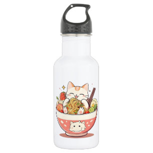 Cute Cat Eating Ramen Bowl Kawaii Design Stainless Steel Water Bottle
