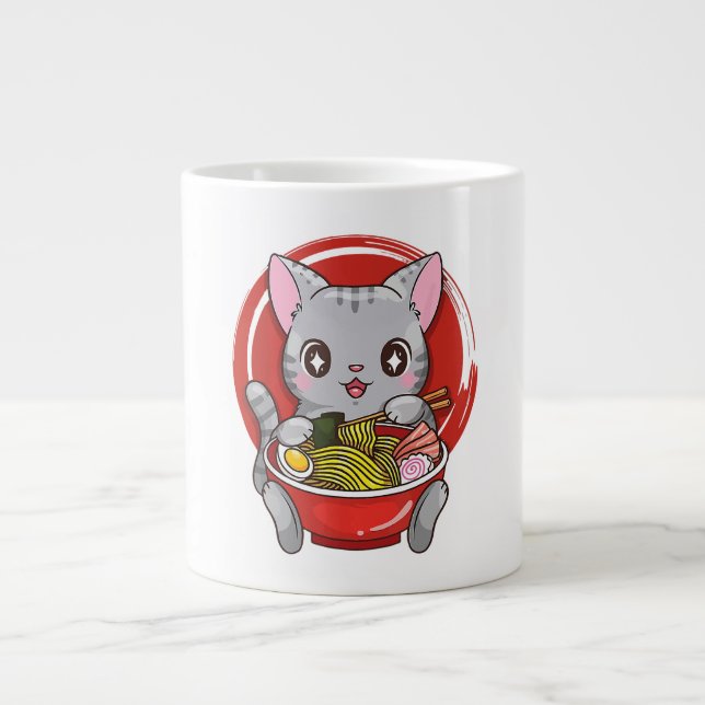Cute Cat Eating Ramen Japanese Food Cat Lover Giant Coffee Mug (Front)