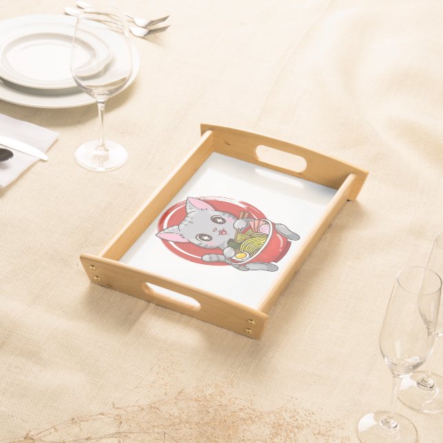 Cute Cat Eating Ramen Japanese Food Cat Lover Serving Tray (Front)