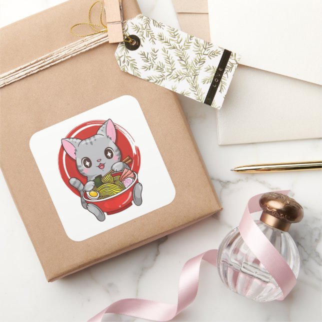 Cute Cat Eating Ramen Japanese Food Cat Lover Square Sticker (Gifting)
