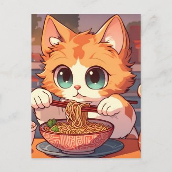 Cute Cat Eating Ramen Noodles Postcard by angelandspot at Zazzle