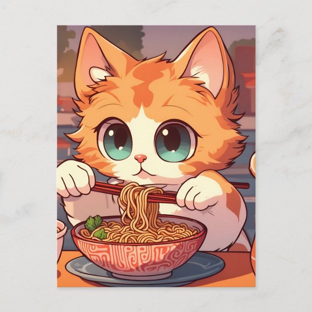 Cute Cat Eating Ramen Noodles Postcard (Front)