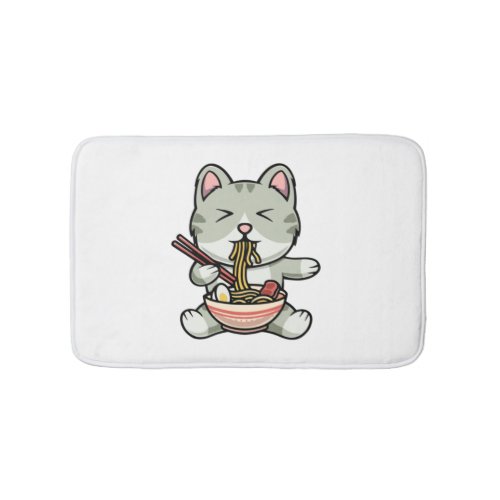 Cute cat eating soba noodles cartoon icon illustra bath mat