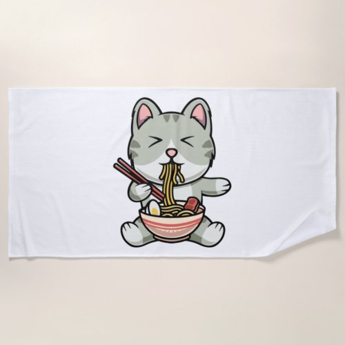 Cute cat eating soba noodles cartoon icon illustra beach towel