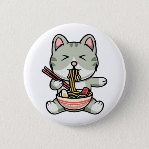 Cute cat eating soba noodles cartoon icon illustra button