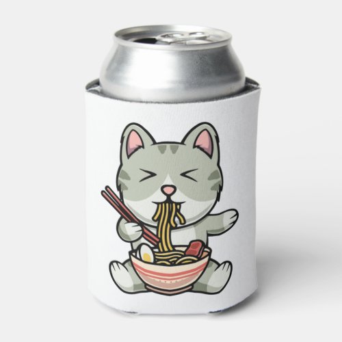 Cute cat eating soba noodles cartoon icon illustra can cooler