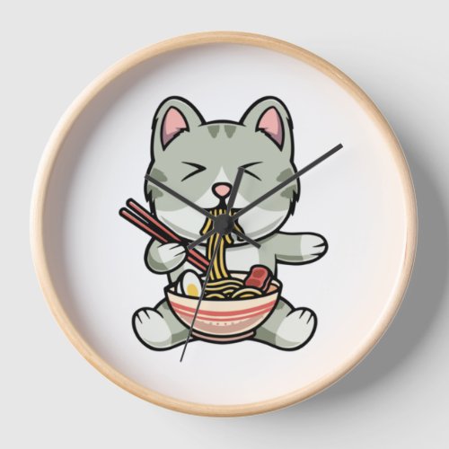 Cute cat eating soba noodles cartoon icon illustra clock
