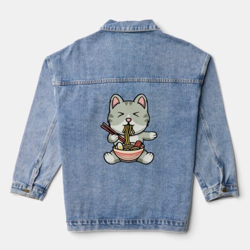 Cute cat eating soba noodles cartoon icon illustra denim jacket