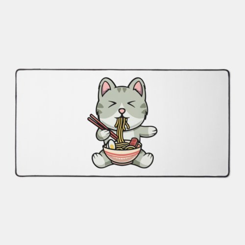 Cute cat eating soba noodles cartoon icon illustra desk mat