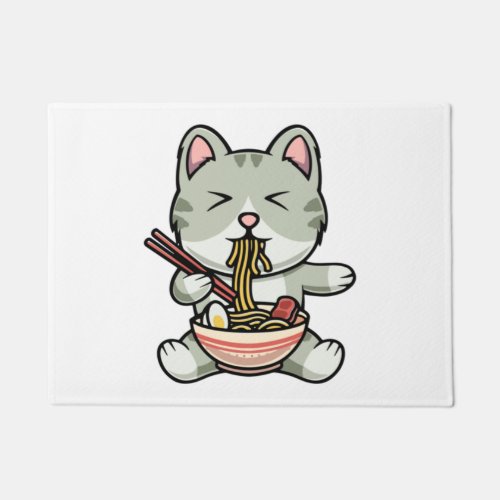 Cute cat eating soba noodles cartoon icon illustra doormat