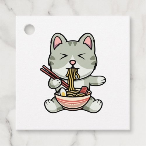 Cute cat eating soba noodles cartoon icon illustra favor tags