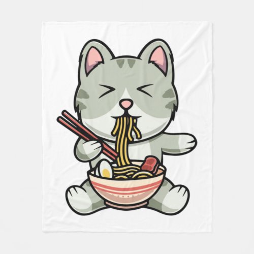 Cute cat eating soba noodles cartoon icon illustra fleece blanket