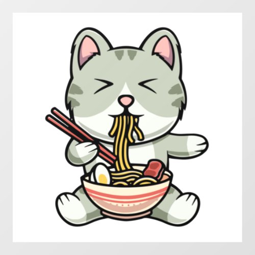 Cute cat eating soba noodles cartoon icon illustra floor decals