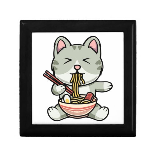 Cute cat eating soba noodles cartoon icon illustra gift box