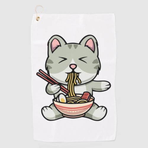 Cute cat eating soba noodles cartoon icon illustra golf towel