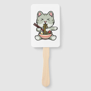 Cute cat eating soba noodles cartoon icon illustra hand fan