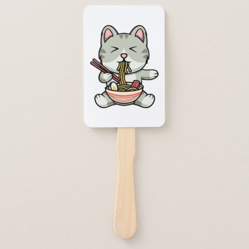 Cute cat eating soba noodles cartoon icon illustra hand fan