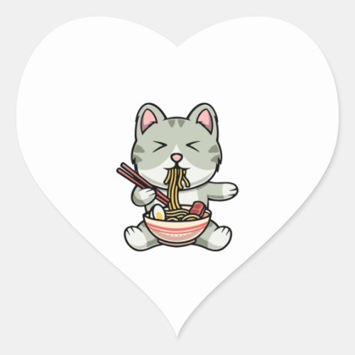 Cute cat eating soba noodles cartoon icon illustra heart sticker