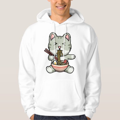 Cute cat eating soba noodles cartoon icon illustra hoodie
