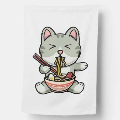 Cute cat eating soba noodles cartoon icon illustra house flag