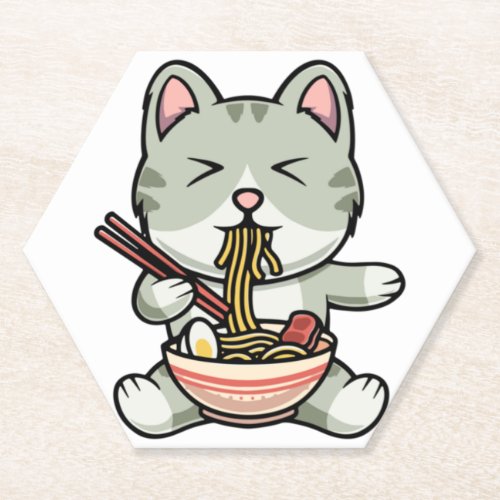 Cute cat eating soba noodles cartoon icon illustra paper coaster