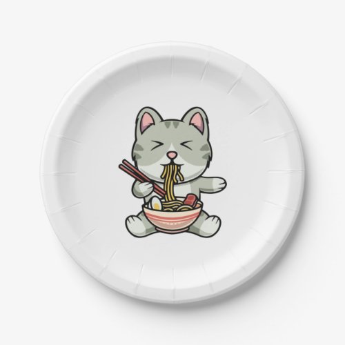 Cute cat eating soba noodles cartoon icon illustra paper plates