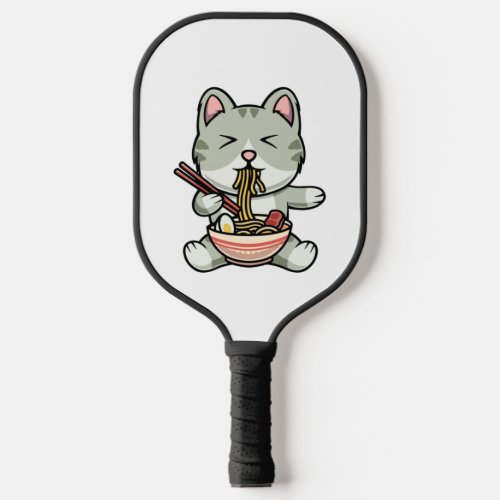 Cute cat eating soba noodles cartoon icon illustra pickleball paddle