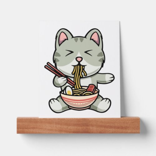 Cute cat eating soba noodles cartoon icon illustra picture ledge