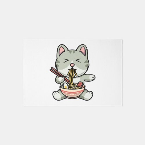 Cute cat eating soba noodles cartoon icon illustra rug