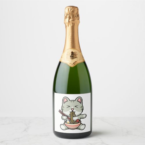 Cute cat eating soba noodles cartoon icon illustra sparkling wine label