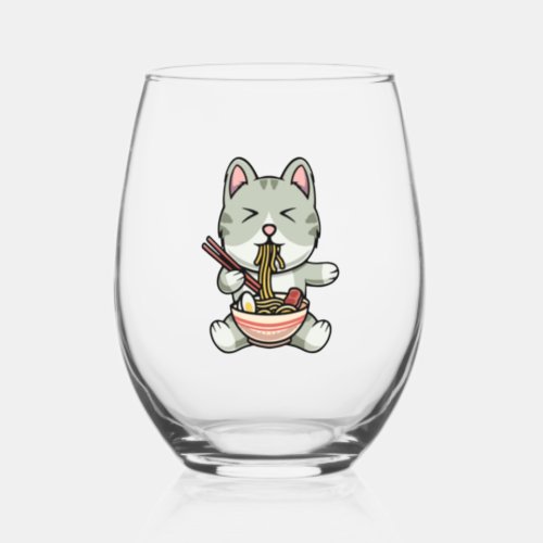 Cute cat eating soba noodles cartoon icon illustra stemless wine glass